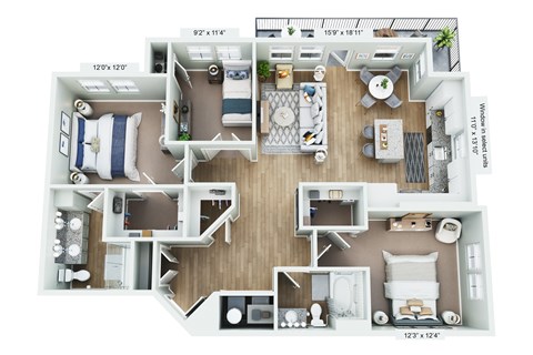 Floor plan for 3 beds, 2 baths, 1285 sqft
